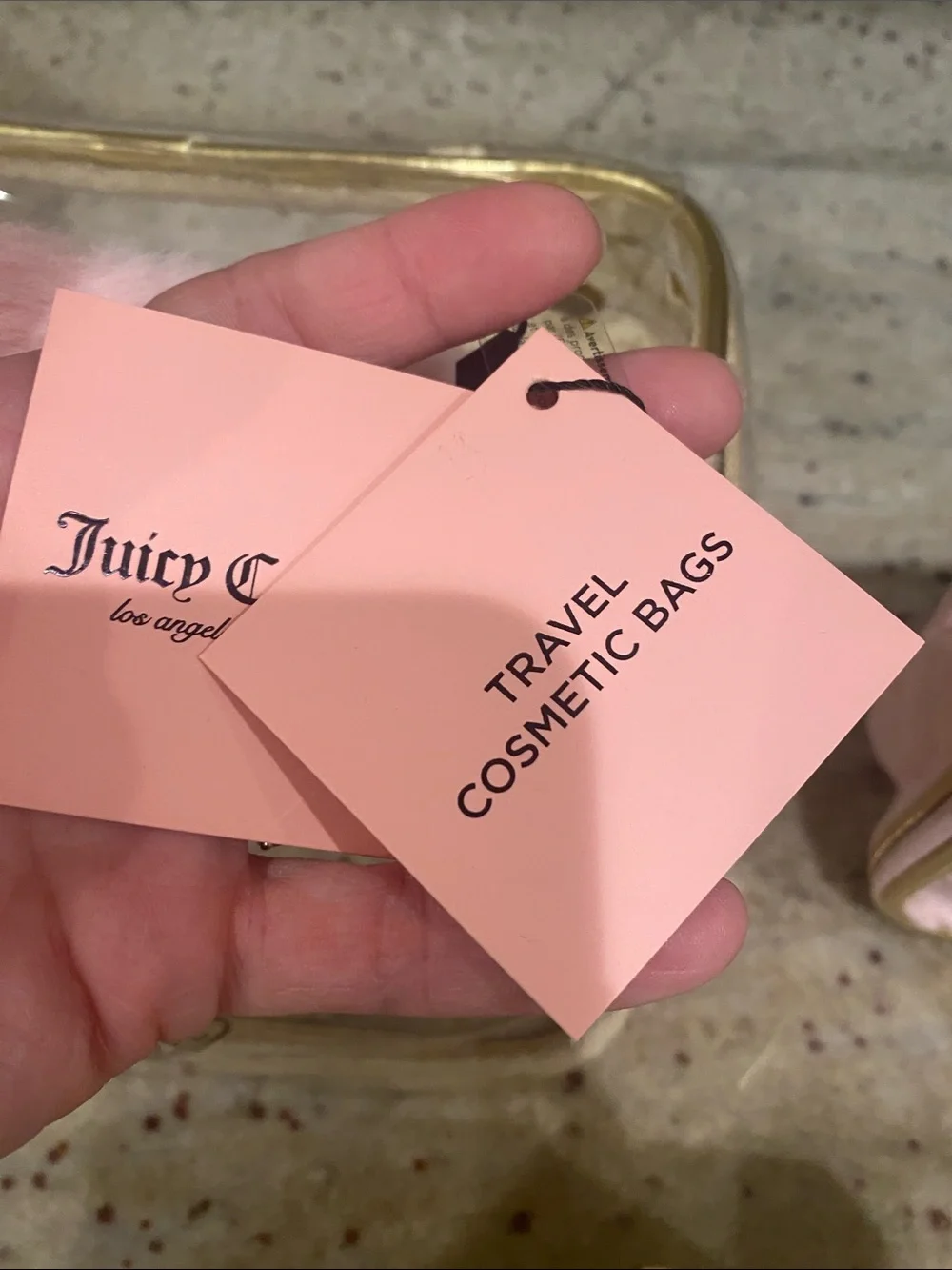 4 piece Juicy Couture Pink and Gold Quilted Cosmetic Carry Case.